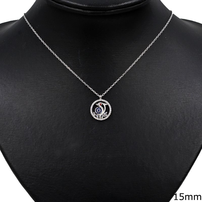 Silver 925 Necklace Circle with Dolphin and Zircon 15mm