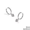 Silver 925 Hoop Earrings 2x15mm with Hanging Heart 5mm
