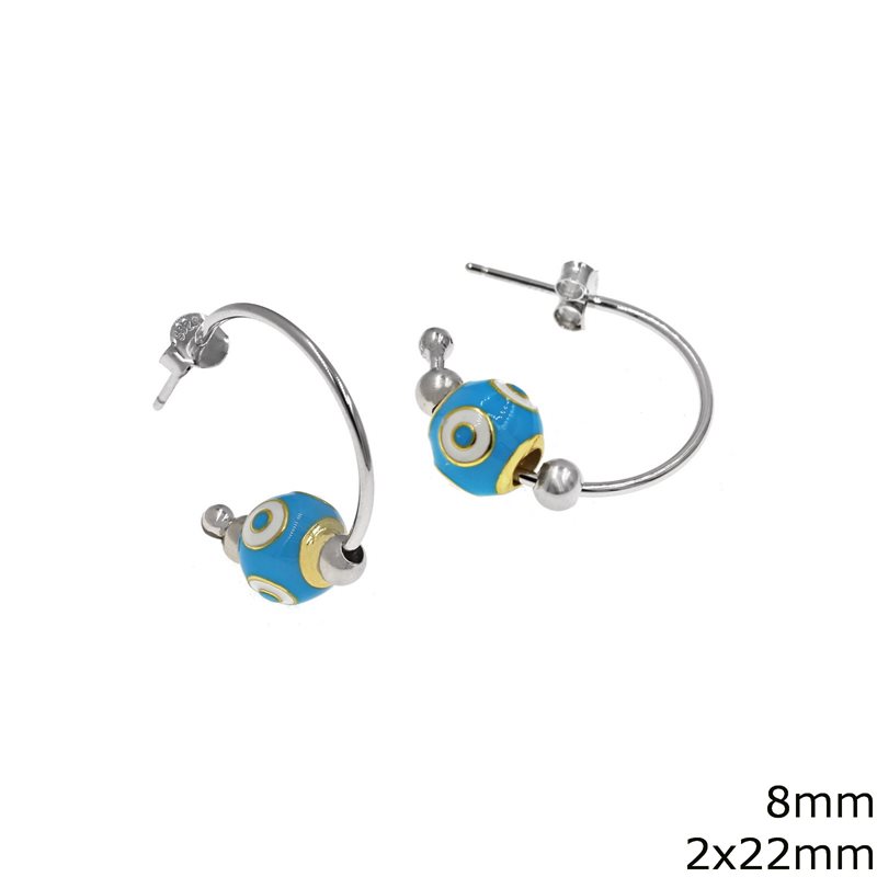 Silver 925 Hoop Earrings 2x22mm with Enameled Bead Evil Eye 8mm