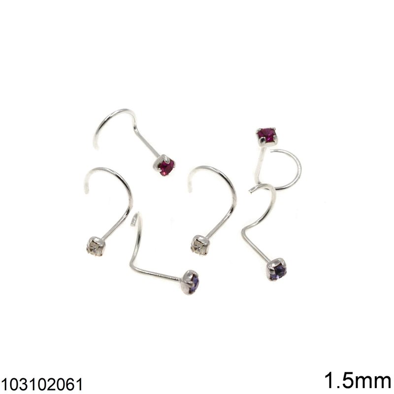 Silver 925 Nose Screw Ring with Rhinestone 1.5mm, Multicolor