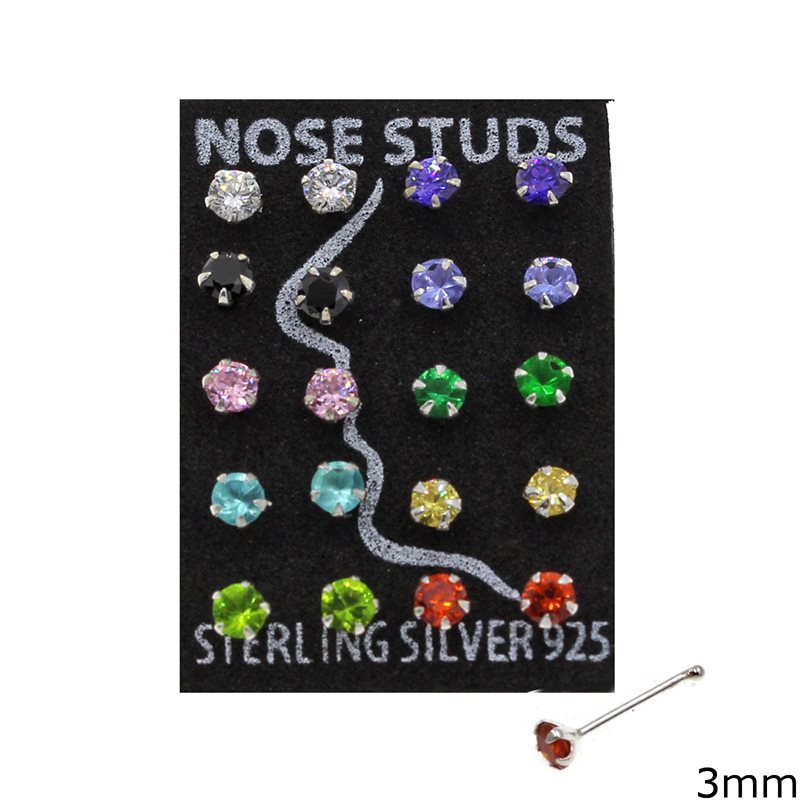 Silver 925 Nose Pin Stud with Rhinestone 3mm
