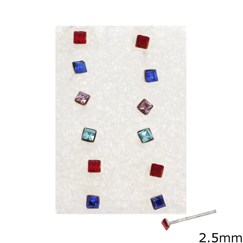 Σκουλαρίκια Ασημένια 925 Μύτης με Στρας Τετράγωνο 2.5mm