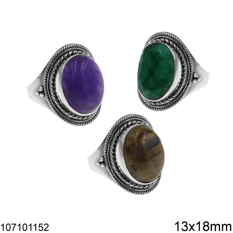 Silver 925 Ring with Oval Semi Precious Stone 13x18mm