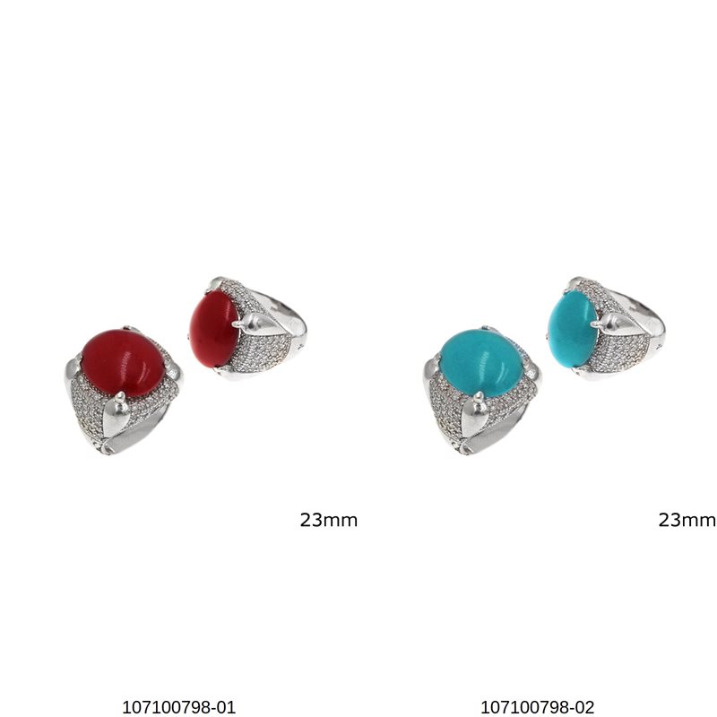 Silver 925 Ring with Coral and Turquoise Stones with Zircon 23mm