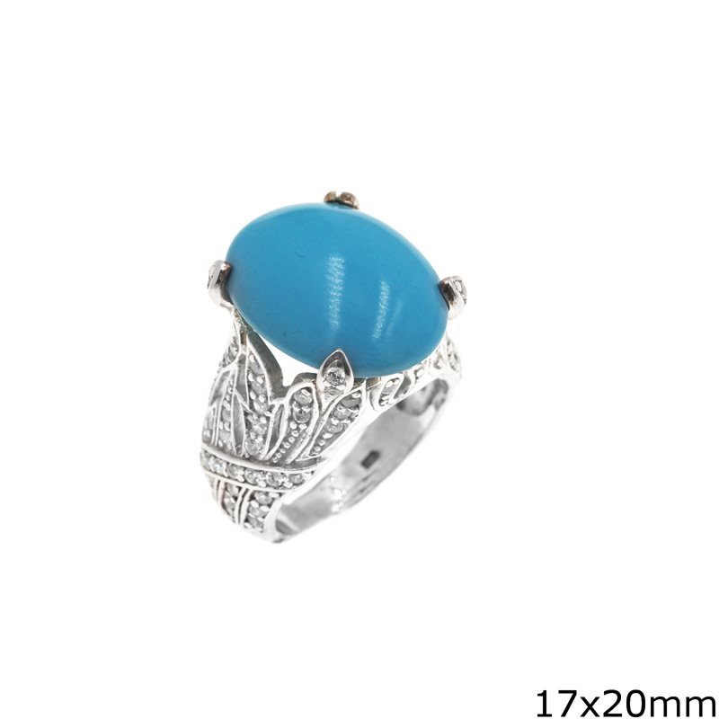 Silver 925 Ring with Oval Turquoise Pasta 17x20mm and Zircon