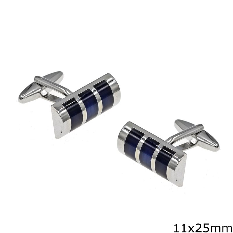 Stainless Steel Cylinder Cufflinks with Blue Stripes 11x25mm