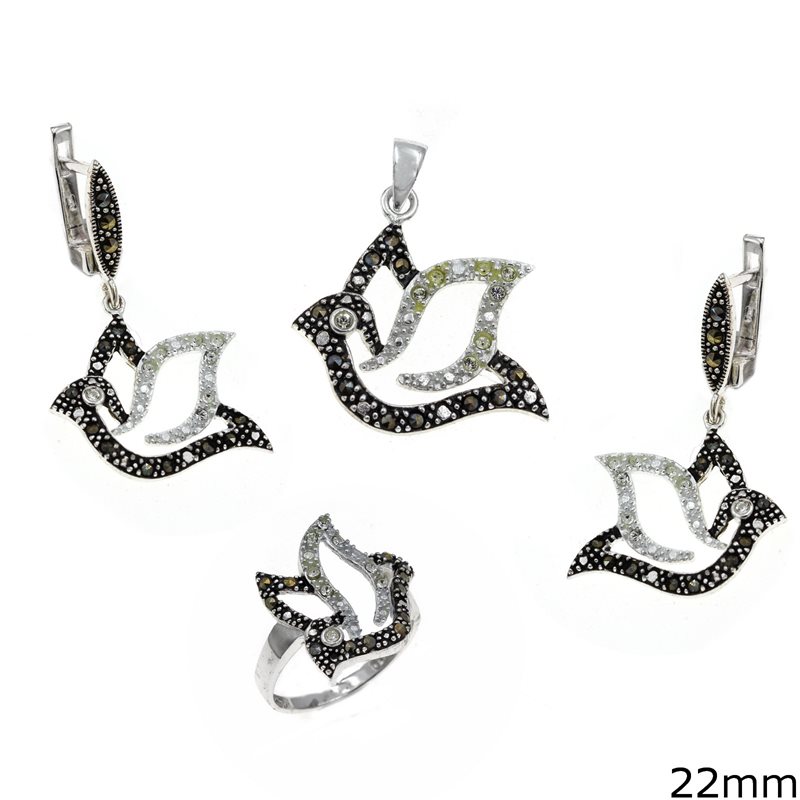 Silver 925 Set of Earrings, Pendant and Ring Bird Outline Style 22 with Marcasite 