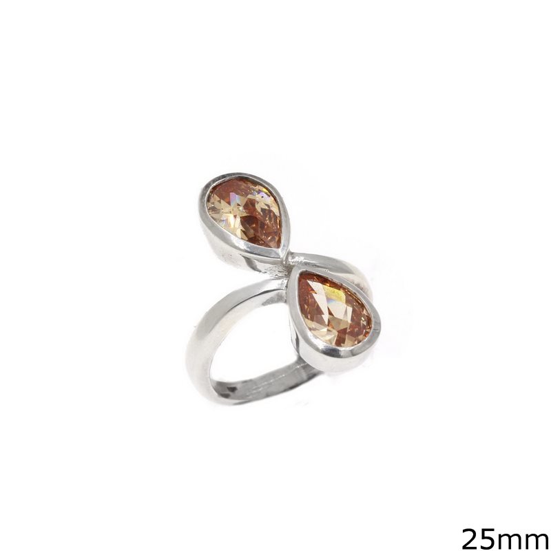 Silver 925 Ring with 2 Pearshaped Stones 25mm
