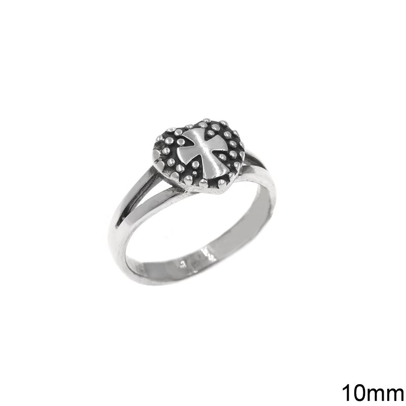 Silver 925 Ring Heart with Cross 10mm