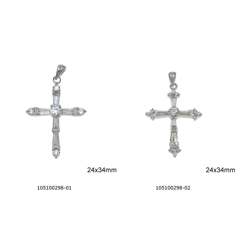Silver 925 Pendant Cross with Zircon and Baguette 24x34mm