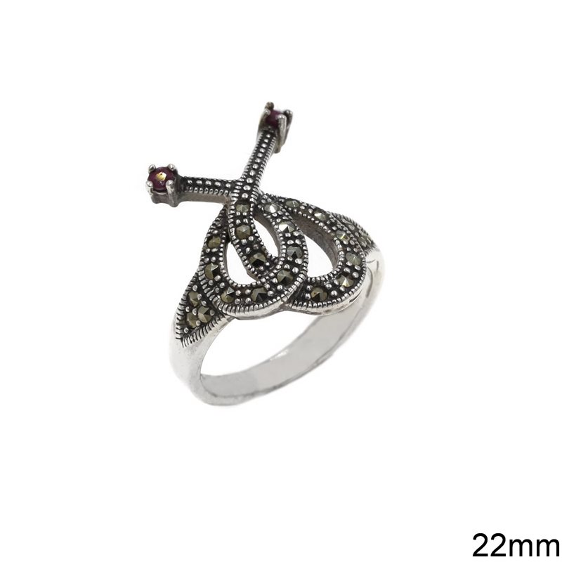 Silver 925 Ring with Marcasite and Garnet Stones 22mm