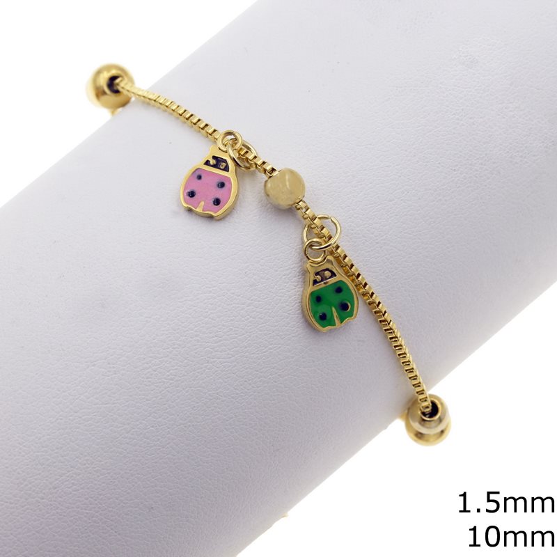 Stainless Steel Bracelet with Venetian Link Chain 1.5mm and Enameled Ladybugs 10mm