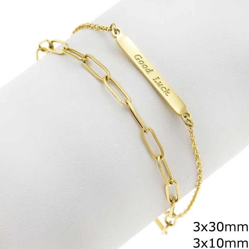 Stainless Steel Double Bracelet with Tag "Good Luck" 3x30mm and Oval Hoop Link Chain 3x10mm