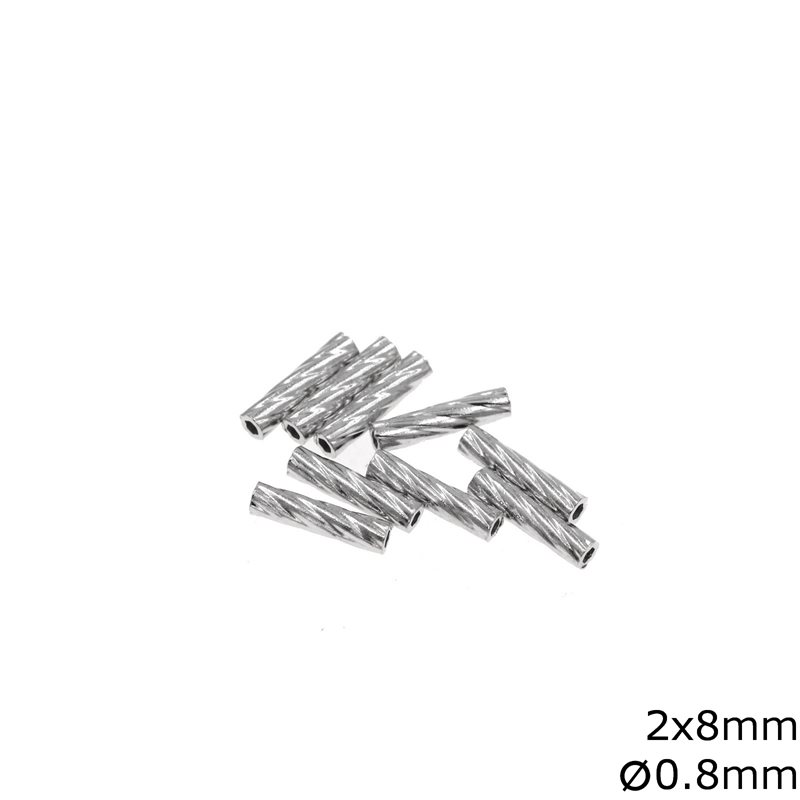 Silver 925 Tube Bead with Stripes 2x8mm and Hole 0,8mm Rhodium Plated 