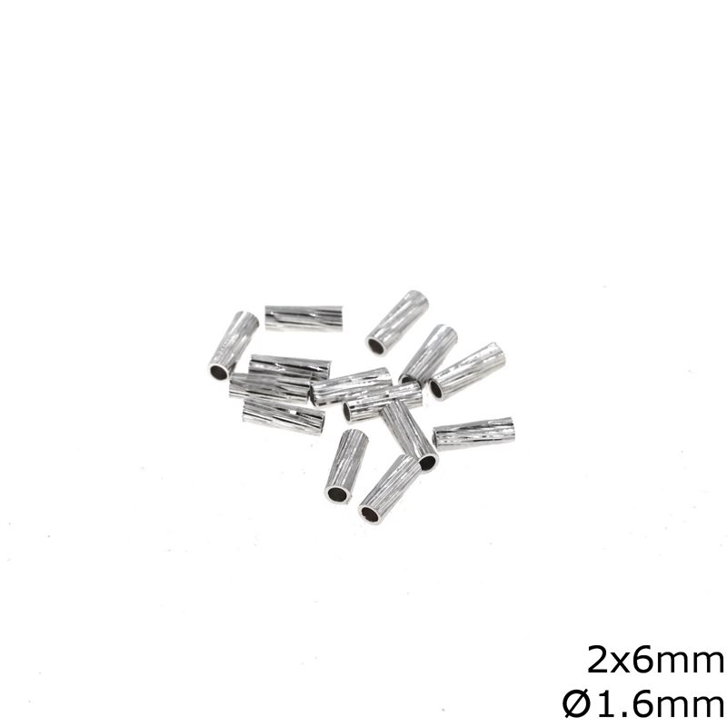 Silver 925 Tube Bead with Stripes 2x6mm and Hole 1.6mm Rhodium Plated