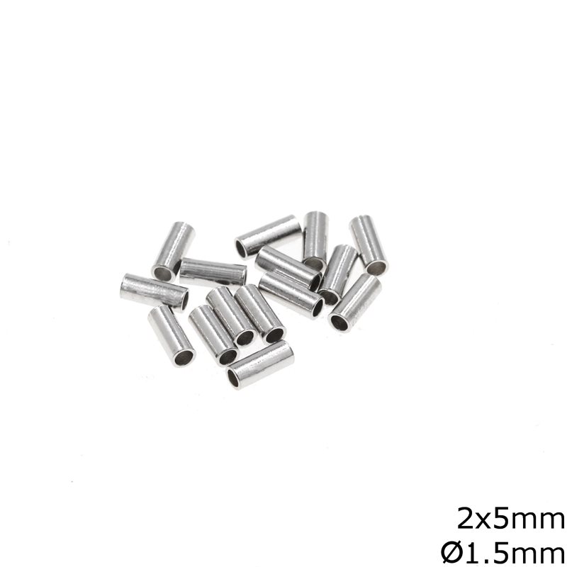 Silver 925 Tube Bead Loustre  2x5mm with Hole 1,5mm Rhodium Plated