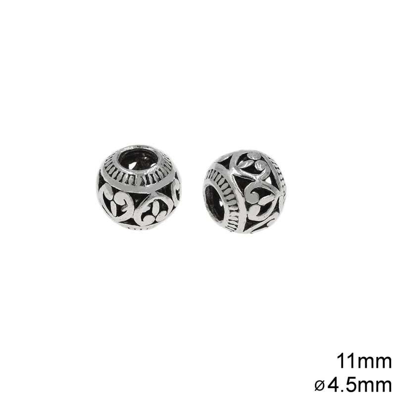 Casting Hollow Bead 11mm with 4.5mm Hole, Antique silver plated (1.6gr)