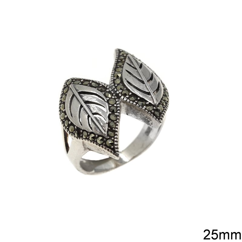 Silver 925 Ring Leaves with Marcasite 25mm