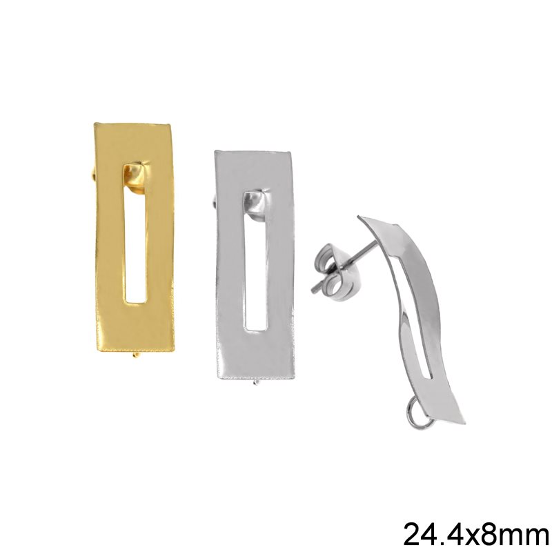 Stainless Steel Wavy Rectangular Earring Stud with Ring 24.4x8mm