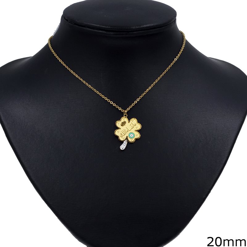 Stainless Steel Necklace 4-leaf Clover with Enameld Evil Eye and Shamballa 20mm