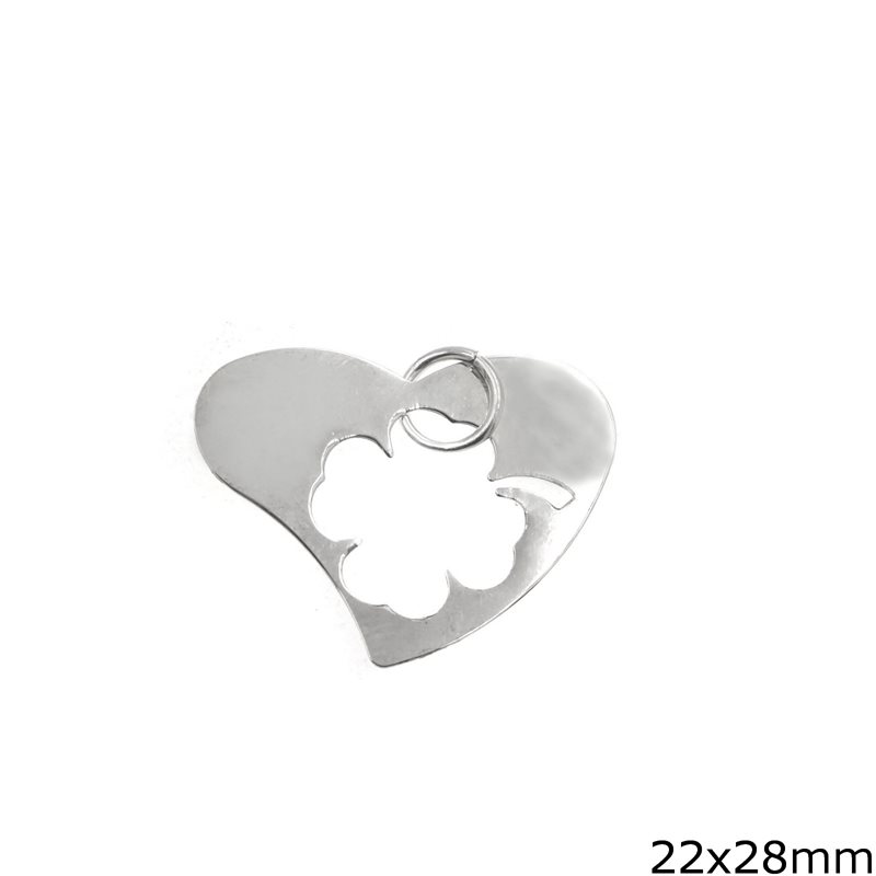 Μενταγιόν Ασημένιο 925 Καρδιά Πλακέ με Τετράφυλλο Τριφύλι 22x28mm