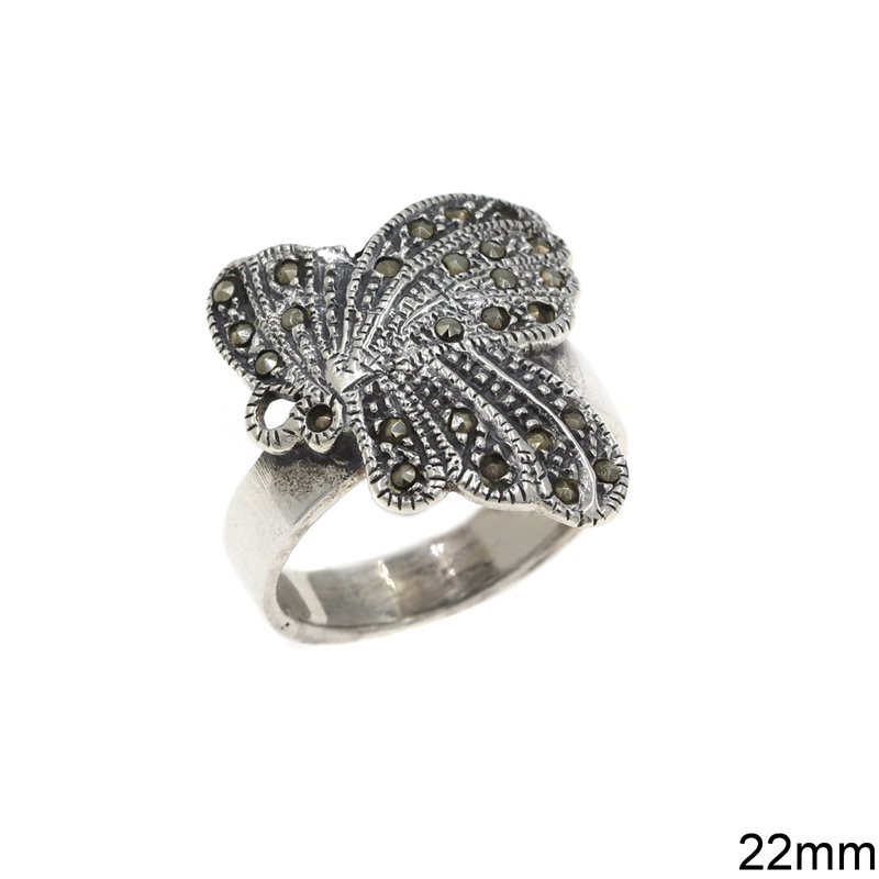 Silver 925 Ring Butterfly with Marcasite 22mm