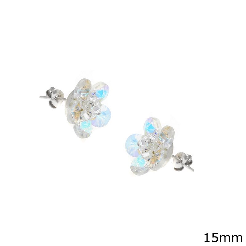 Σκουλαρίκια Ασημένια 925 με Λουλούδι Κρύσταλλο Ιριζέ 15mm