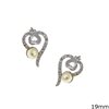 Silver 925 Earrings Heart Outline Style with Zircon and Pearl 19mm