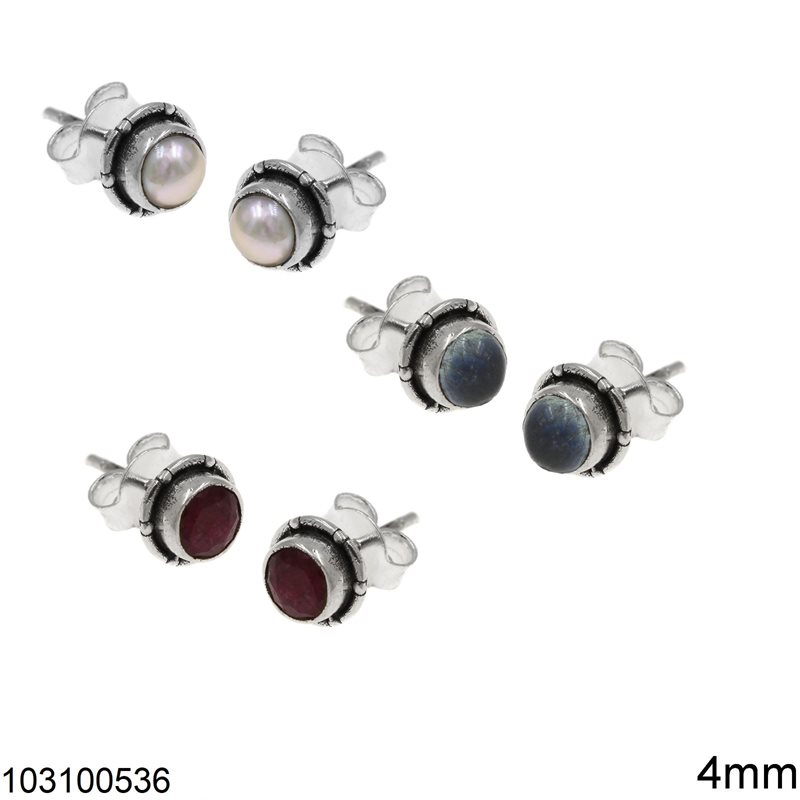 Silver 925 Stud Round Earrings with Semi Precious Stones 4mm