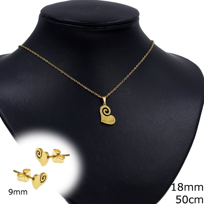 Stainless Steel Set of Necklace  Heart with Spiral 18mm, 50cm and Earrings 9mm