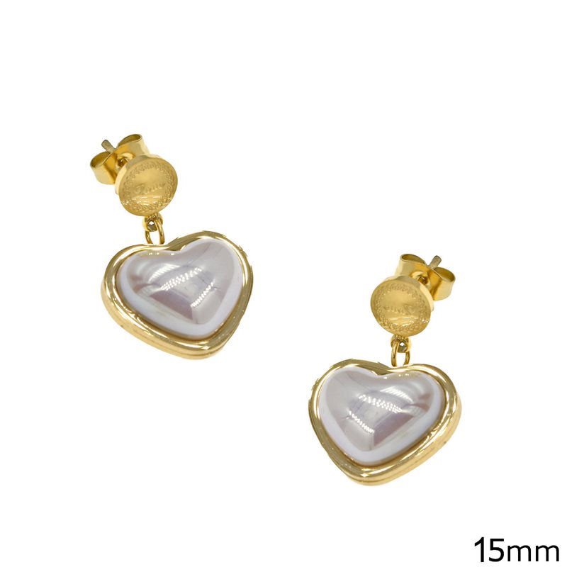 Stainless Steel Earrings Heart with Pearl 15mm