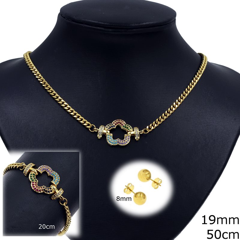 Metallic Set of Necklace Daiisy 19mm, 50cm Bracelet 20cm  with multi color stones and Earrings 8mm 