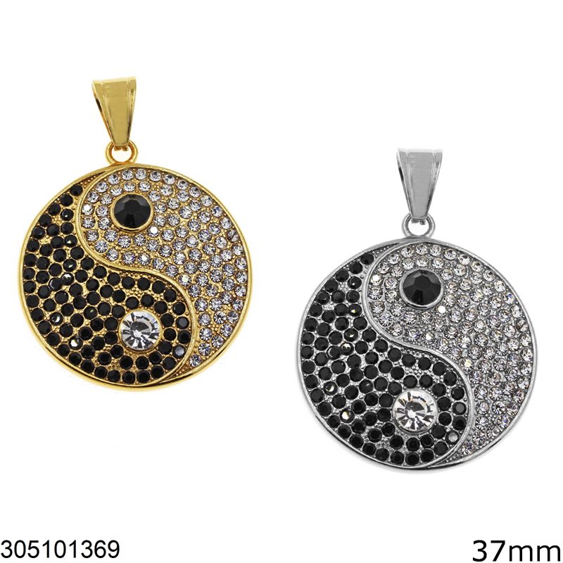 Stainless Steel Pendant Disk Yin Yang with Stones 37mm