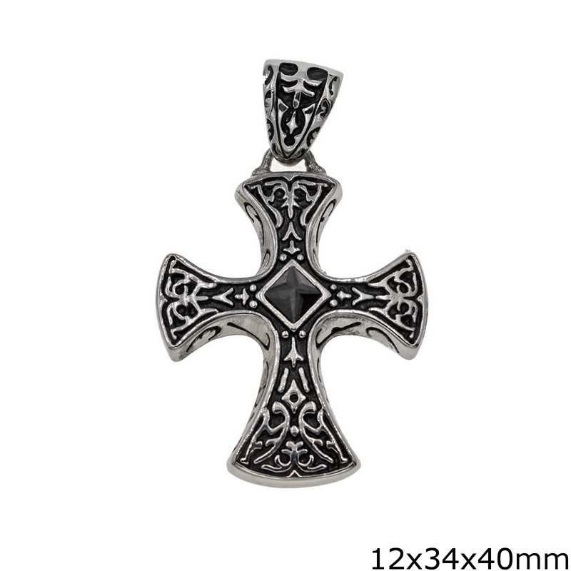 Stainless Steel Pendant Lacy Cross Oxyde 12x34x40mm