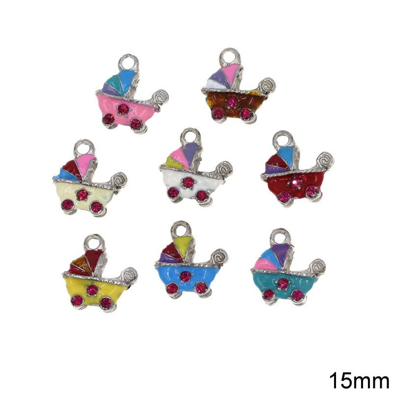 Casting Pendant Baby Trolley with Enamel Two-sided 15mm