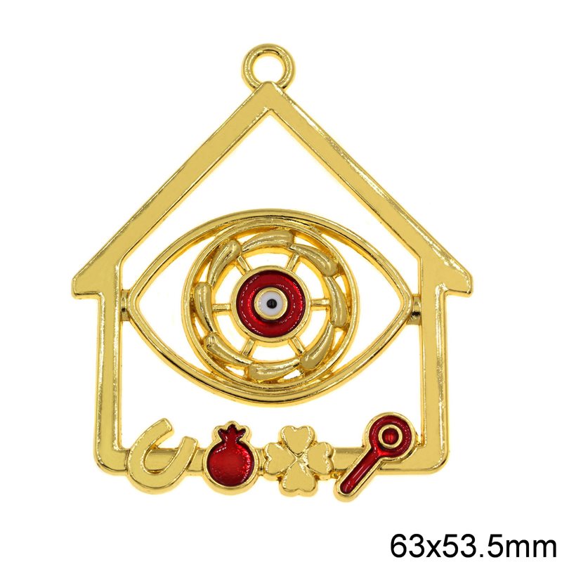 Γούρι Διακοσμητικό Χυτό Κρεμαστό Σπίτι με Σμάλτο Κόκκινο 63x53.5mm, Επίχρυσο NF 