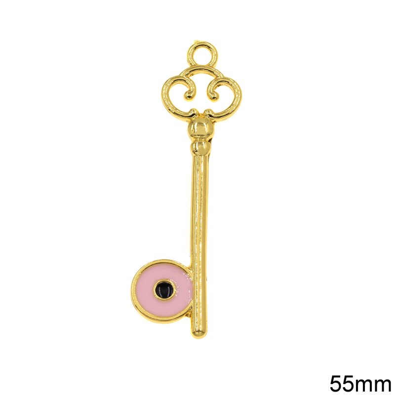 Γούρι Διακοσμητικό Χυτό Κρεμαστό Κλειδί με Σμάλτο Ροζ 55mm, Επίχρυσο NF