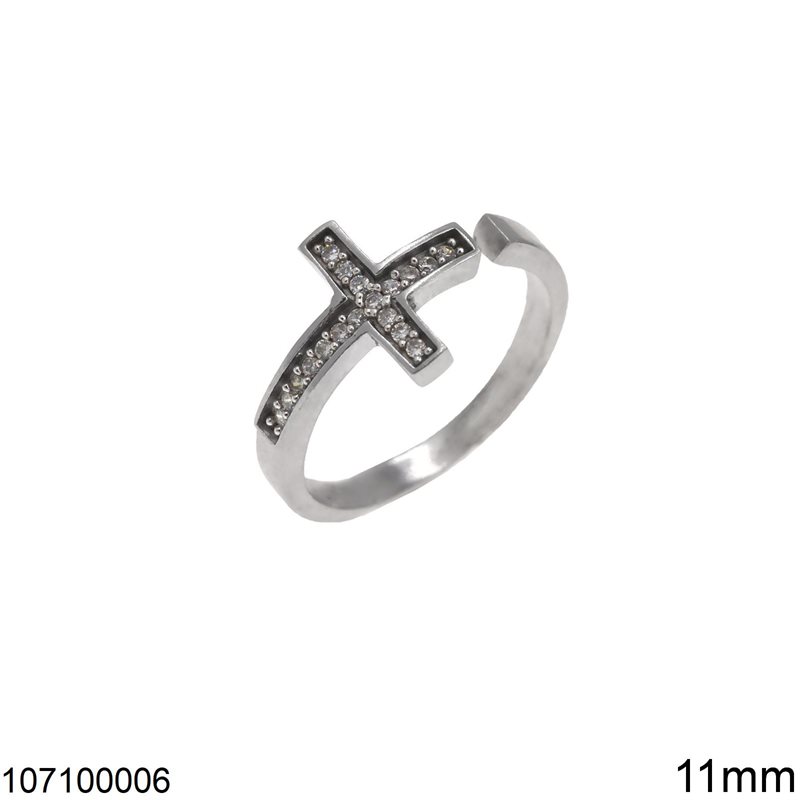 Δαχτυλίδι Ασημένιο 925 Ανοιχτό Σταυρός με Ζιργκόν 11mm