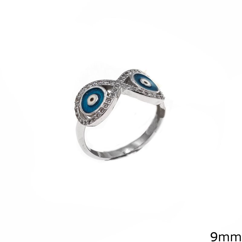 Silver 925 Ring Infinity Symbol with Enameled Evil Eye and Zircon 9mm