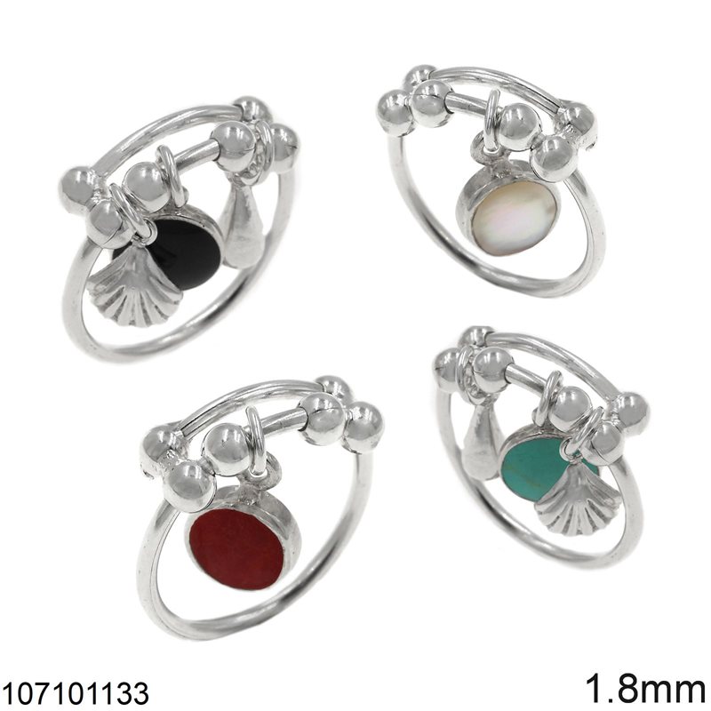 Silver 925  Ring 1.8mm with Hanging Motif with Semi Precious Stone 8mm