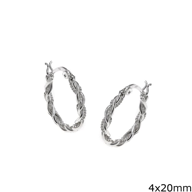 Silver 925 Braided Hoop Earrings 4x20mm