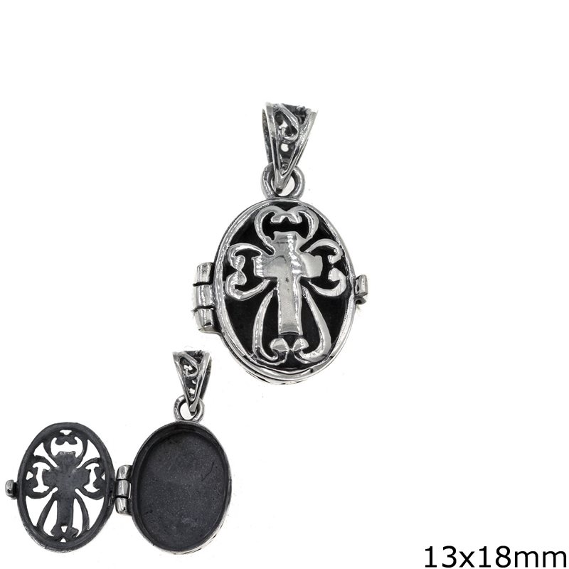 Silver 925 Oval Locket Pendant with Cross 13x18mm
