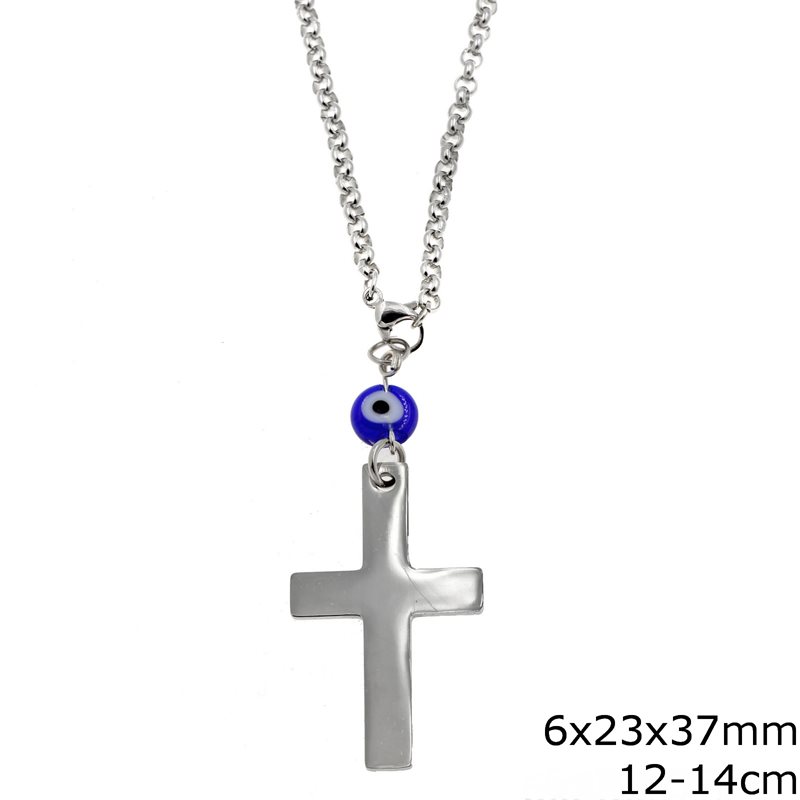 Stainless Steel Car Amulet Bold Cross 6x23x37mm with Evil Eye, 12-14cm