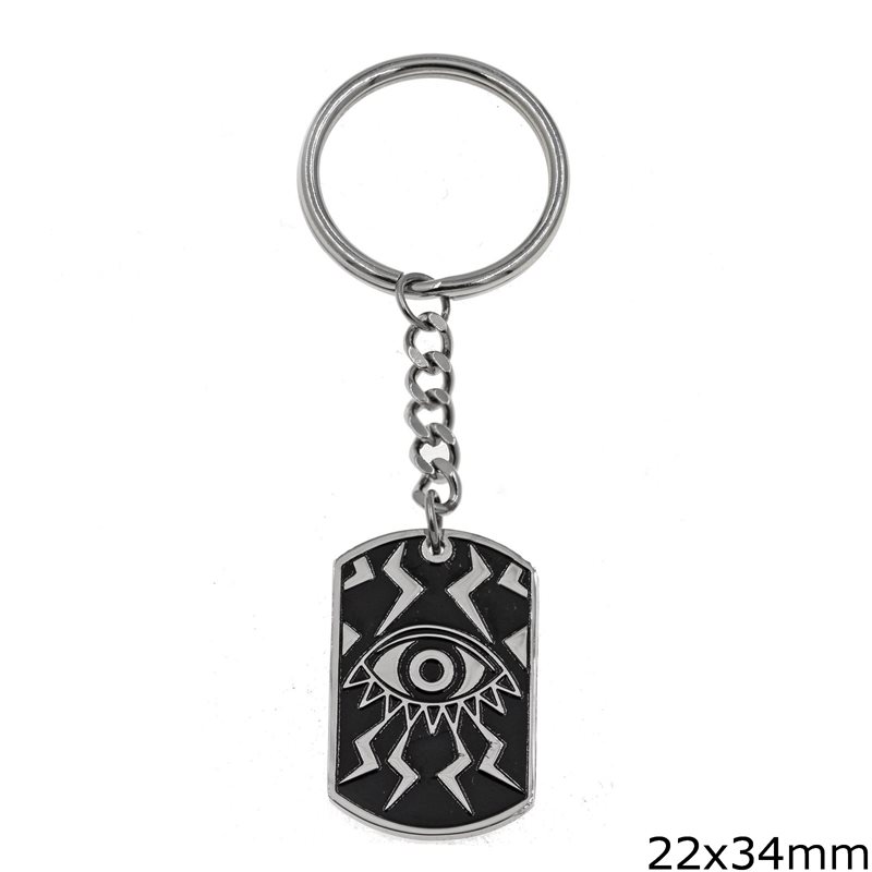 Stainless Steel Rectangular Keychain with Oxyde Evil Eye 22x34mm