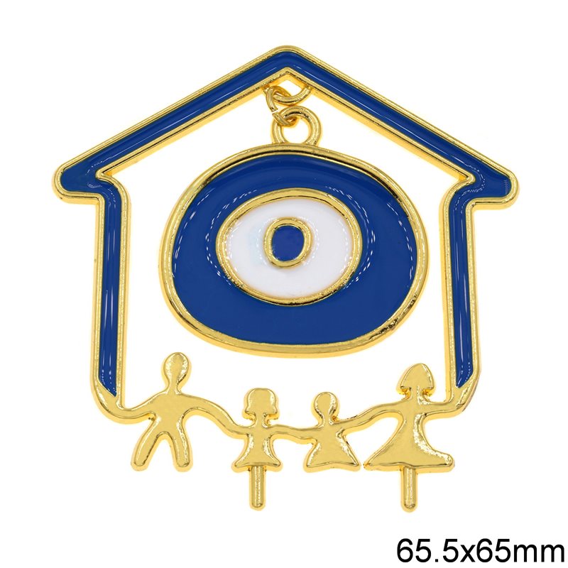 Διακοσμητικό Χυτό Σπίτι με Μάτι Σμάλτο Μπλε 65.5x65mm, Επίχρυσο NF