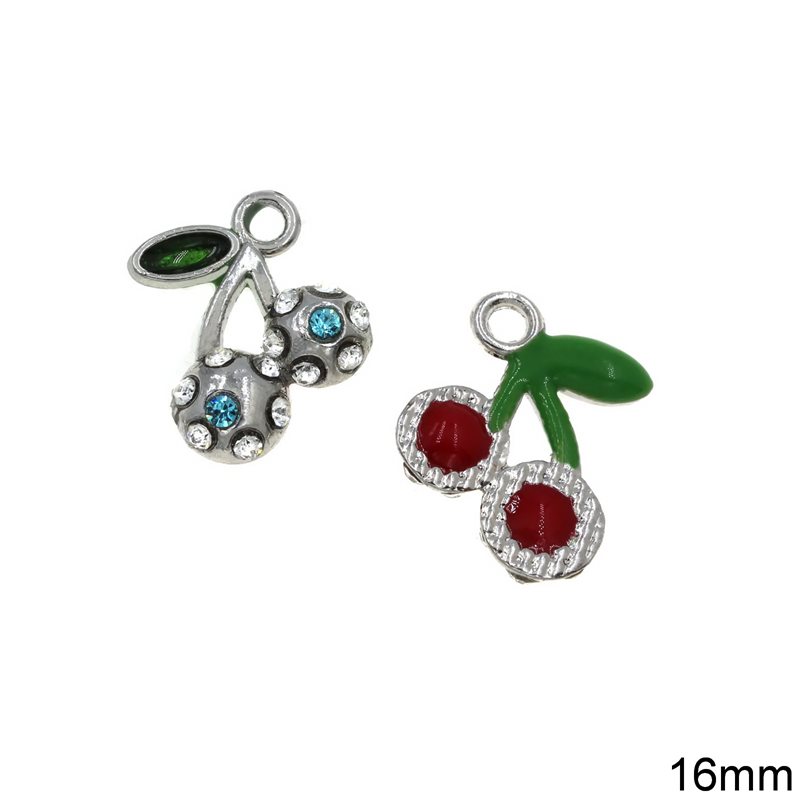 Casting Pendant Cherries with Enamel Two-sided 16mm, Nickel color