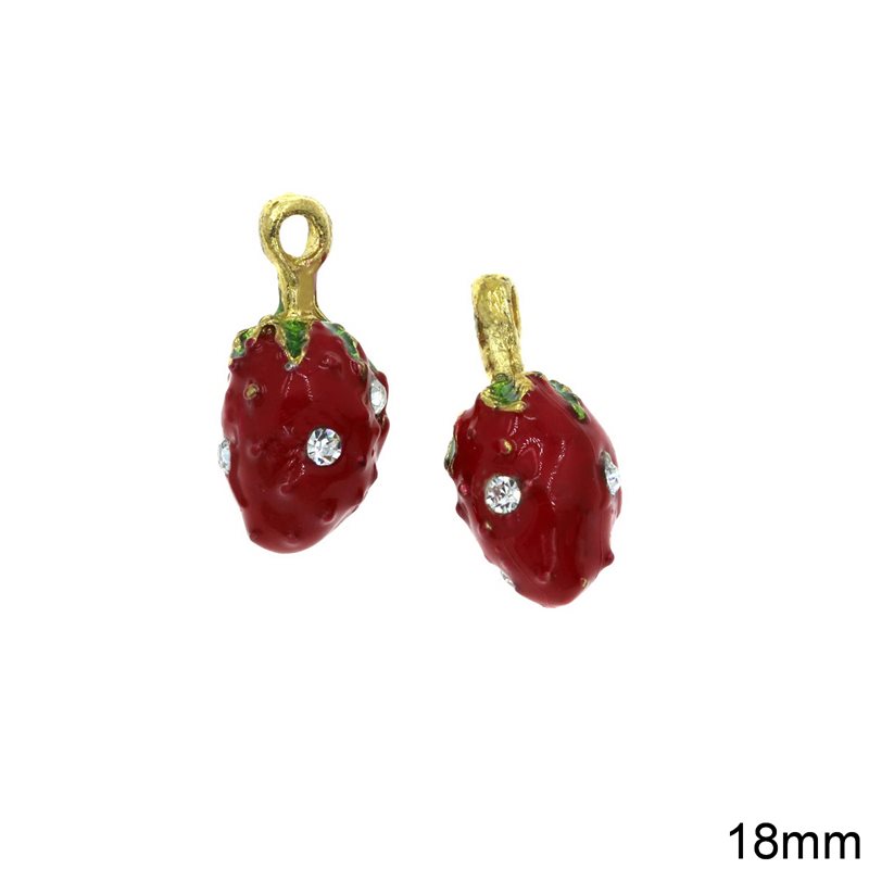 Casting Pendant Strawberry with Enamel and Rhinestones 18mm, Gold plated