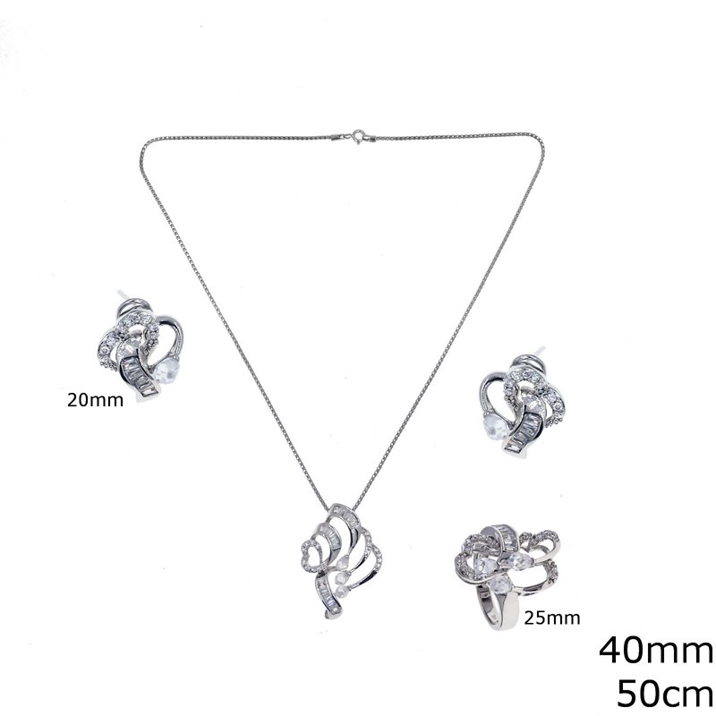 Silver 925 Set of Necklace with Zircon and Baguette 40mm,50cm , Earrings 20mm and Ring 25mm