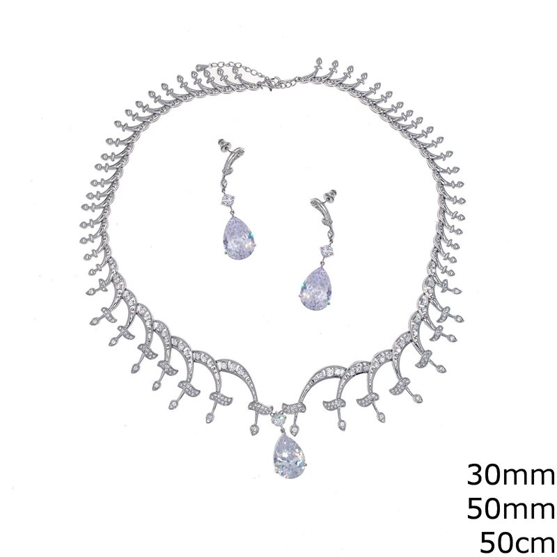 Silver 925 Set of Necklace with Rosette , Pearshaped Zircon 30mm, 50cm and Earrings 50mm