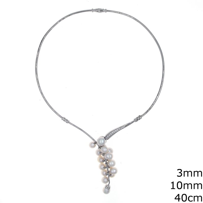 Silver 925 Necklace with Wire 3mm, Freshwater Pearls 10mm, 40cm